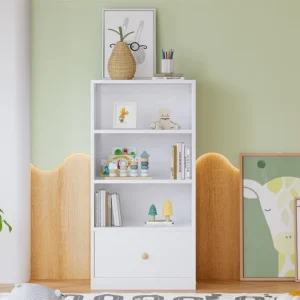Estante com 3 prateleiras e 1 gaveta sobre corrediças silenciosas - em MDF - Branco para Parede