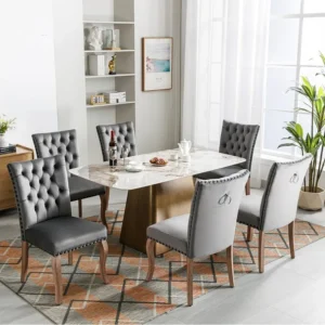 Conjunto de 6 cadeiras de sala de jantar estofadas em veludo - Pernas maciças de nogueira - Decoração com botões - Cinza