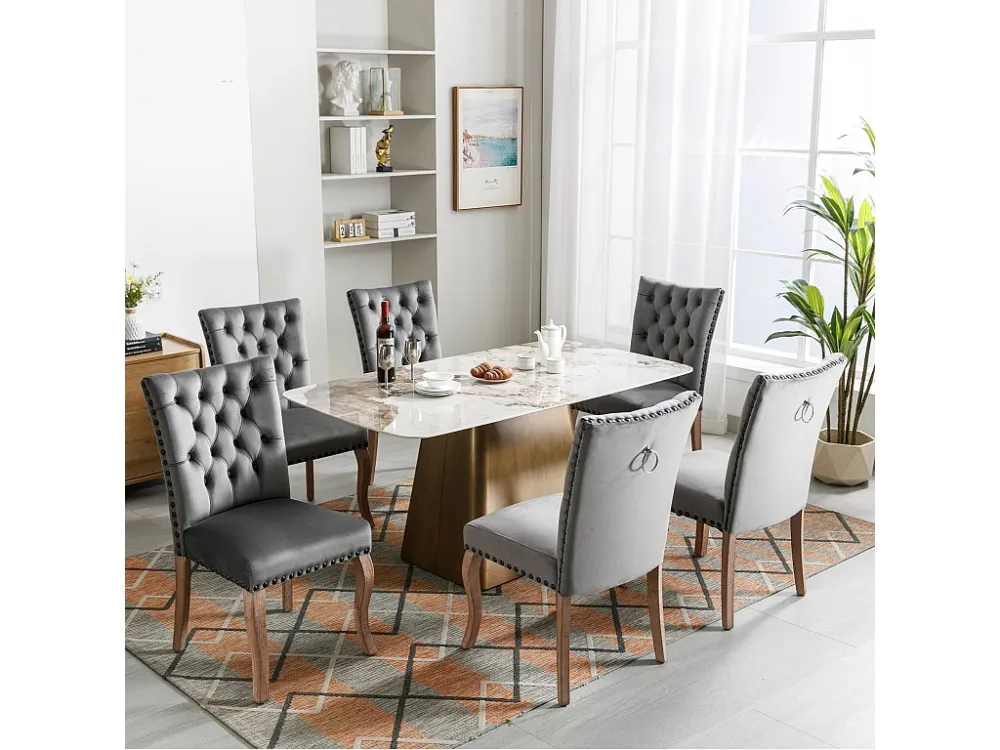 Conjunto de 6 cadeiras de sala de jantar estofadas em veludo - Pernas maciças de nogueira - Decoração com botões - Cinza