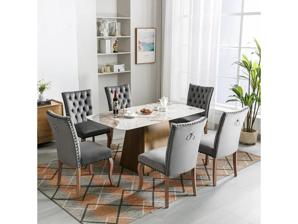 Conjunto de 6 cadeiras de sala de jantar estofadas em veludo - Pernas maciças de nogueira - Decoração com botões - Cinza