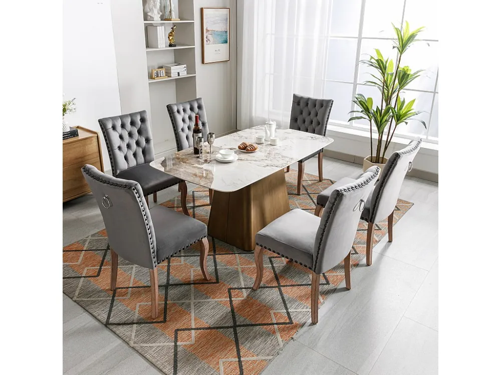 Conjunto de 6 cadeiras de sala de jantar estofadas em veludo - Pernas maciças de nogueira - Decoração com botões - Cinza