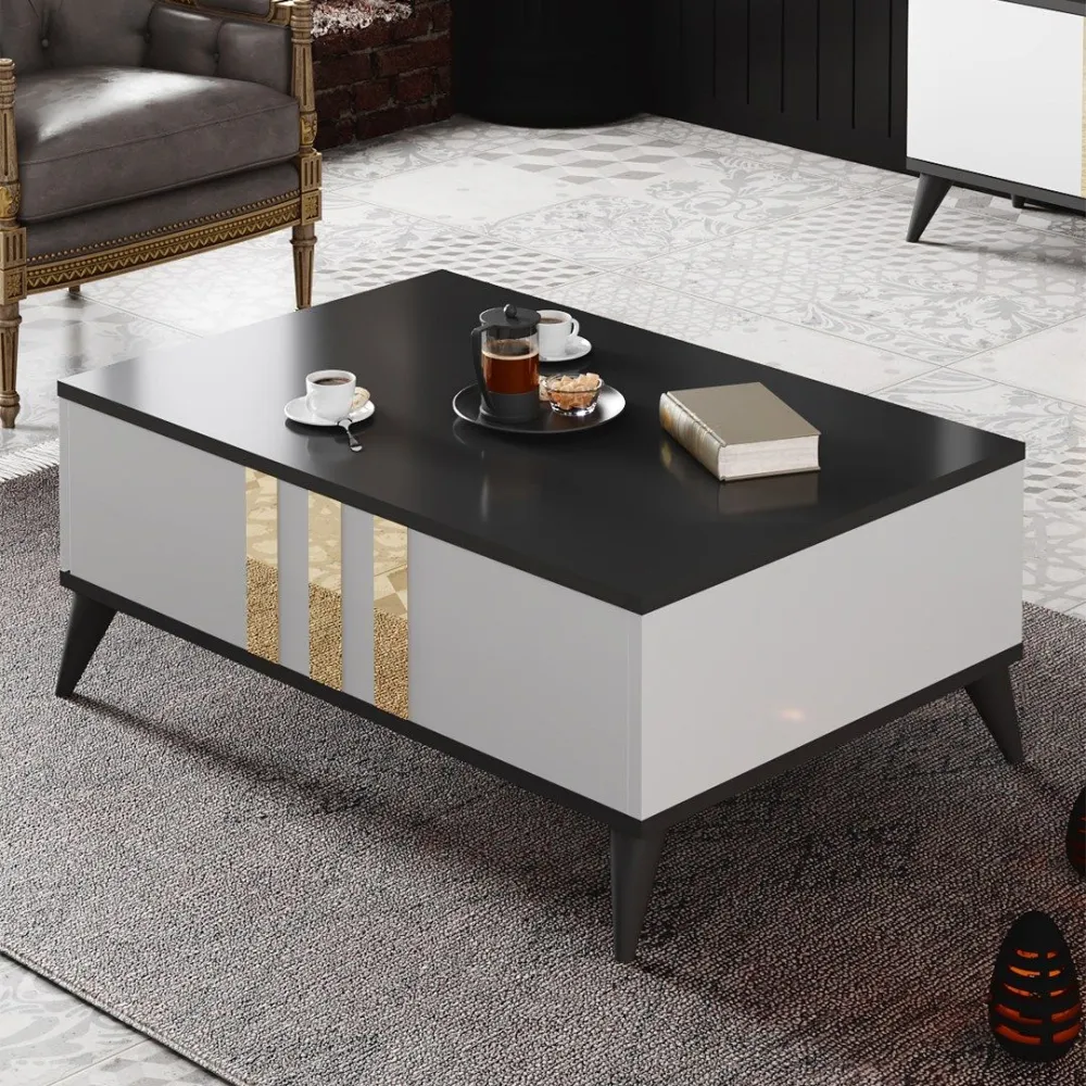 Mesa de centro Ieraene 39x90cm Branco, antracite e dourado com portas basculantes Alimentação por USB