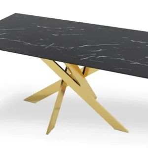 Mesa de jantar Naelle em vidro efeito mármore preto e pés dourados