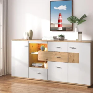 Aparador com 2 portas e 4 gavetas - prateleira de vidro - LEDs - cores: branco e carvalho - 160x40x77cm com Parafusos Incl...