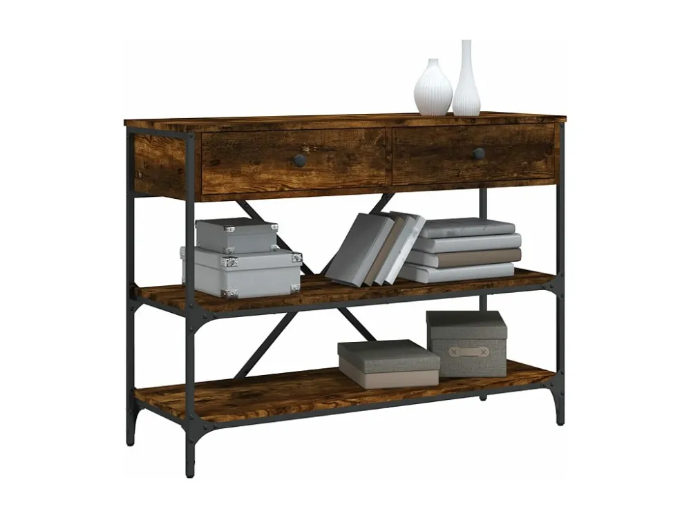 Mesa consola gavetas/prateleiras deriv. madeira carvalho fumado