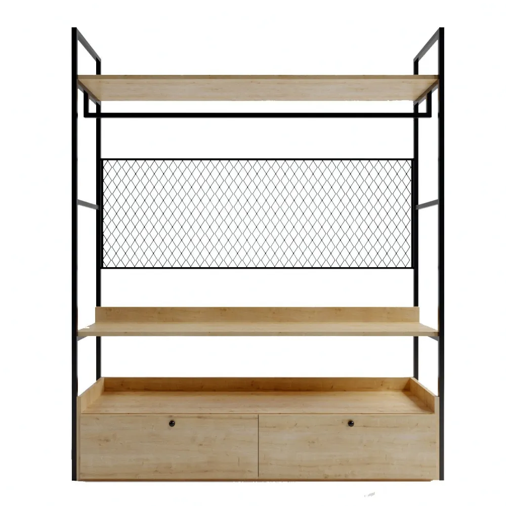 Cômoda Organizadora Armário aberto Apertal L150xH180cm Metálico Preto e Madeira Carvalho