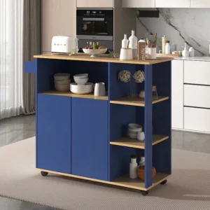 Ilha central móvel de cozinha com 3 portas e 2 gavetas - tampo extensível - 129x46/71x91,5 cm - Madeira MDF + metálico - A...