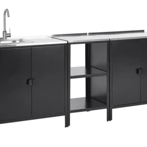 Vidro Temperado Conjunto armários com 2 ilhas de cozinha exterior com lavatório em ço preto VILAMA