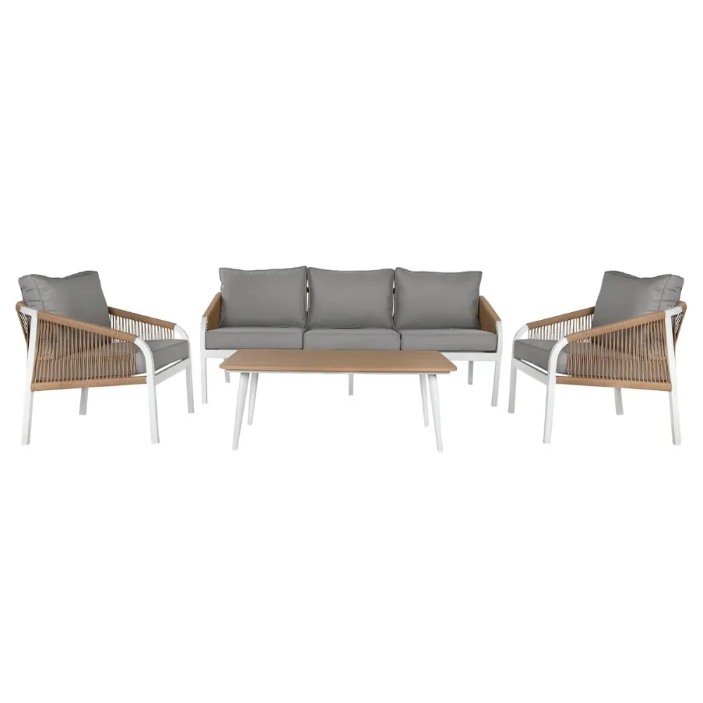 Conjunto de Mesa com 3 Poltronas Home ESPRIT Branco Natural Cinzento claro 189 x 73 x 84 cm (4 Peças)