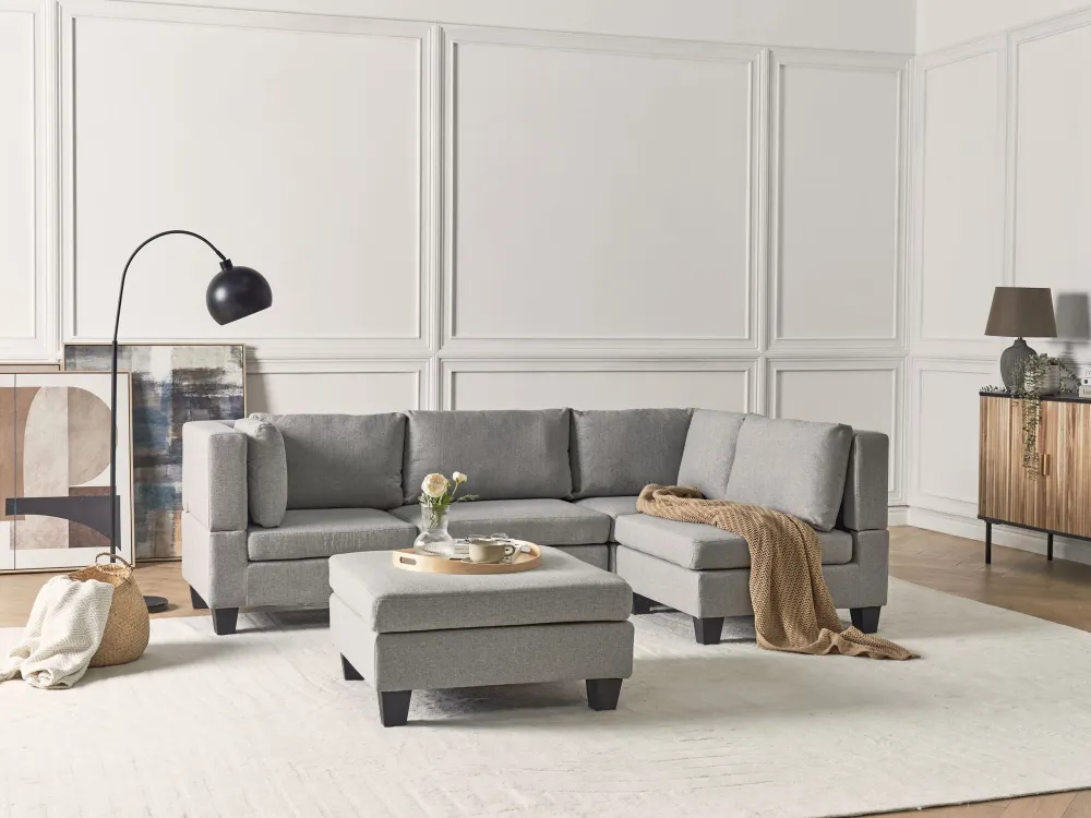 OEM Compatível 4 Seater Left Hand Em módulos Fabric Corner Sofa Ottoman Light Grey UNSTAD