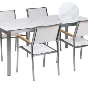 4 Seater Garden Dining Set Marble Effect Cristal Top White Chairs COSOLETO/GROSSETO
