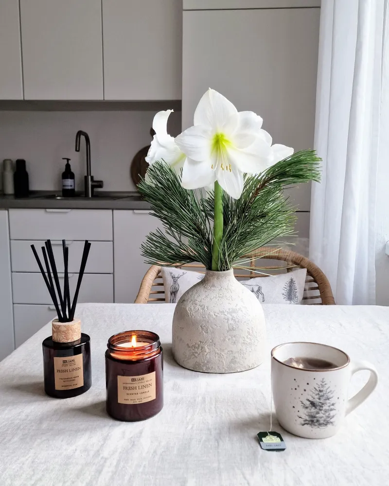 Conjunto de vela de cera de soja e difusor de fragrância linho renovado DARK ELEGANCE Embalagem Reciclável