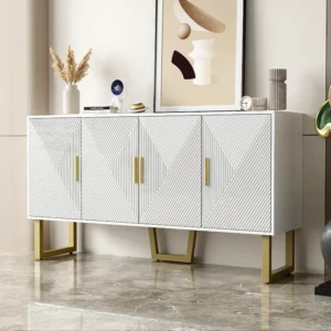Aparador com 4 portas - 150 x 40 x 82 cm - MDF, aglomerado e metálico - Branco e dourado