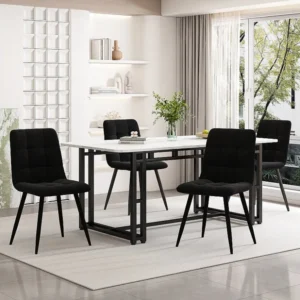 Conjunto de mesa de jantar 140 x 80 cm com 4 cadeiras estofadas em veludo - pernas metálicas - Branco + preto