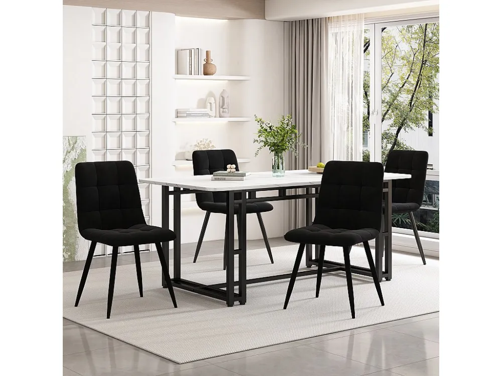 Conjunto de mesa de jantar 140 x 80 cm com 4 cadeiras estofadas em veludo - pernas metálicas - Branco + preto