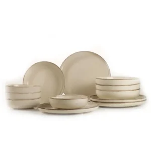 Conjunto de mesa 12 peças Ammeli 100% Porcelana manchada Branco creme e Marrom