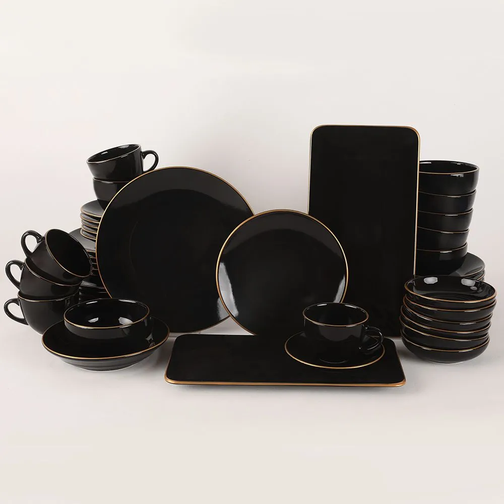 Serviço de mesa com 44 peças Erve Cerâmica Preta com borda Dourada