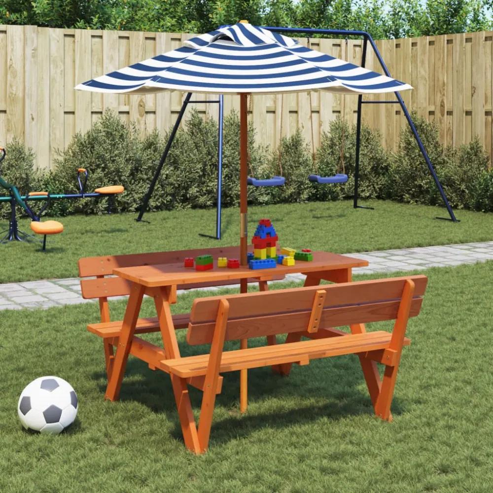 Mesa de piquenique para 4 crianças com guarda-sol abeto maciço | Material Impermeável