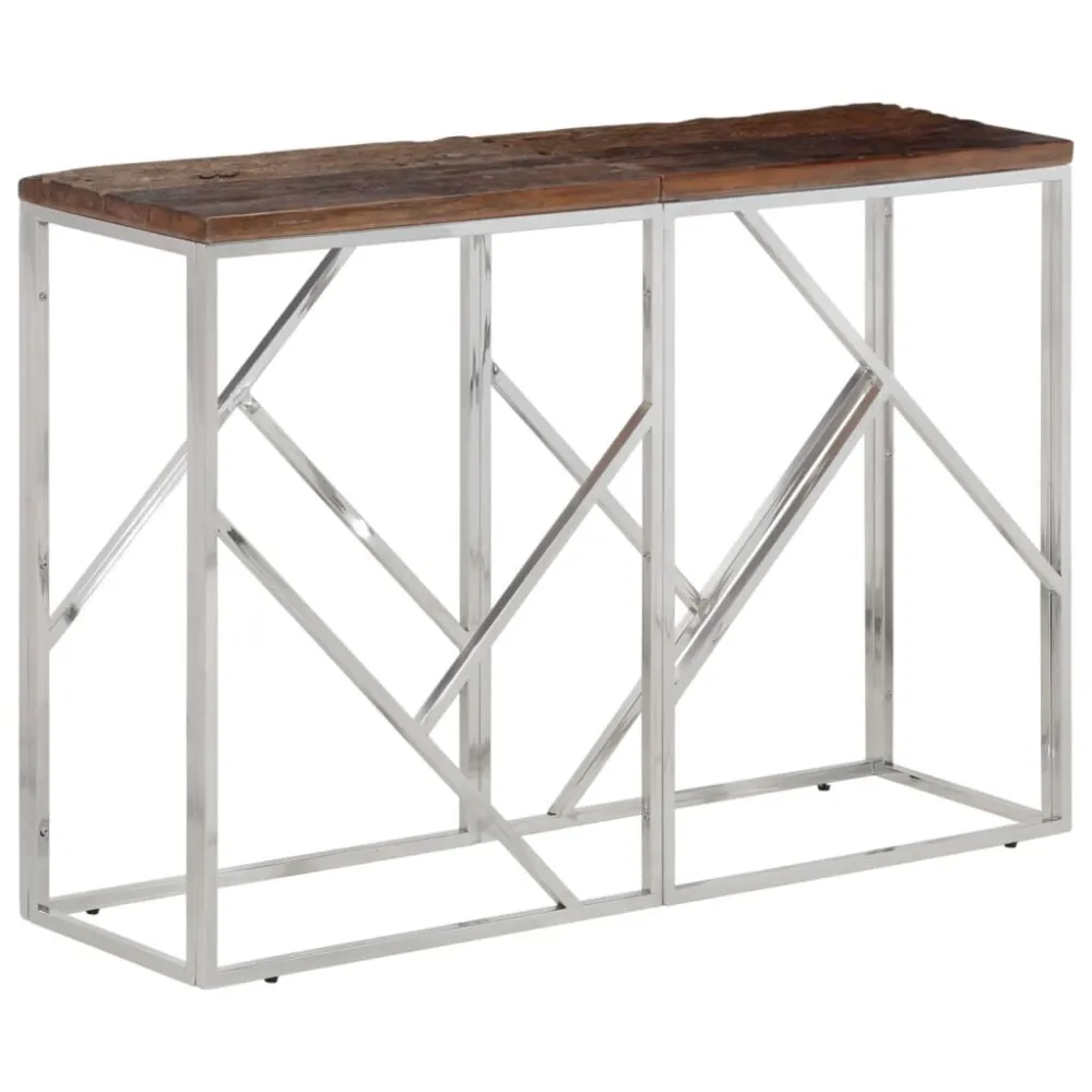 Mesa consola ço inoxidável/madeira ferroviária maciç prateado com Vidro Temperado