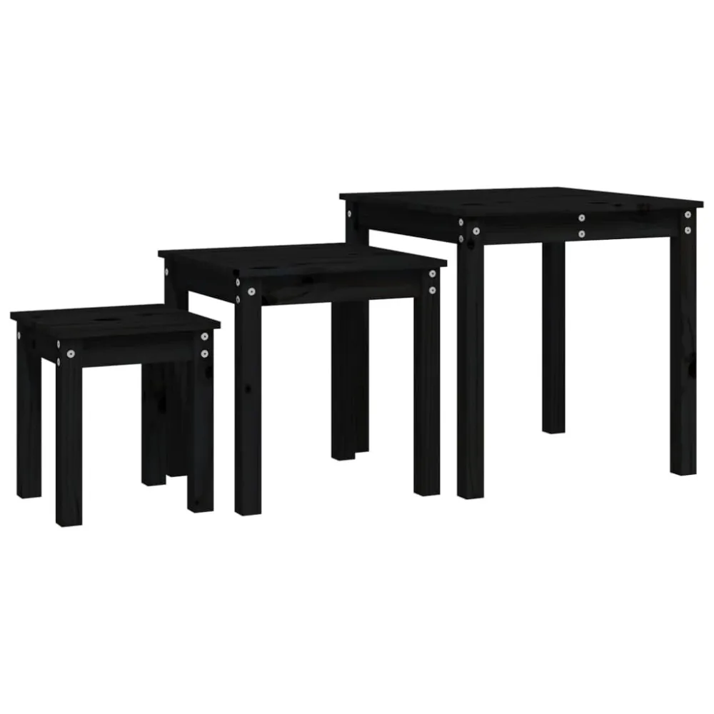 Mesas de encastrar 3 pcs madeira de pinho maciç preto | Montagem Rápida