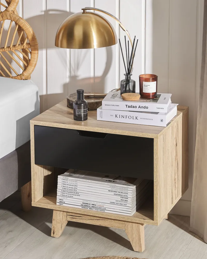 Cômoda Organizadora Mesa de cabeceira com 1 gaveta em madeira clara e preto SPENCER