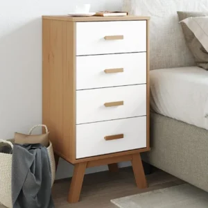 Cômoda Organizadora Mesa de cabeceira OLDEN madeira de pinho maciç branco/castanho