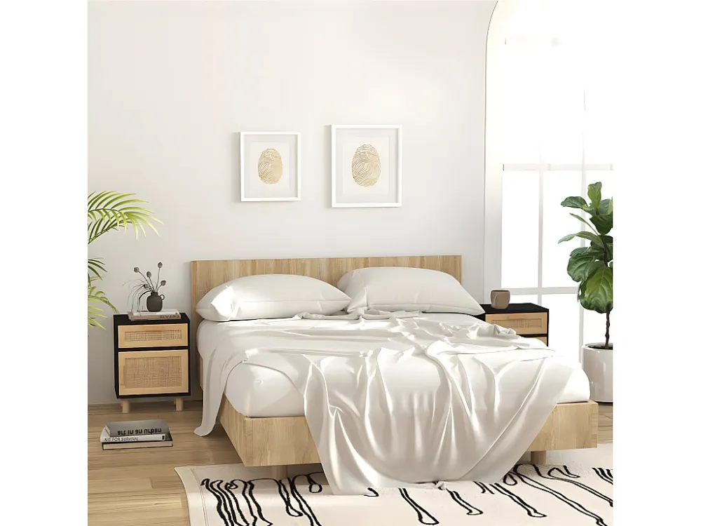 Design de Luxo Mesas de cabeceira 2 peças pinho maciço e vime orgânico preto