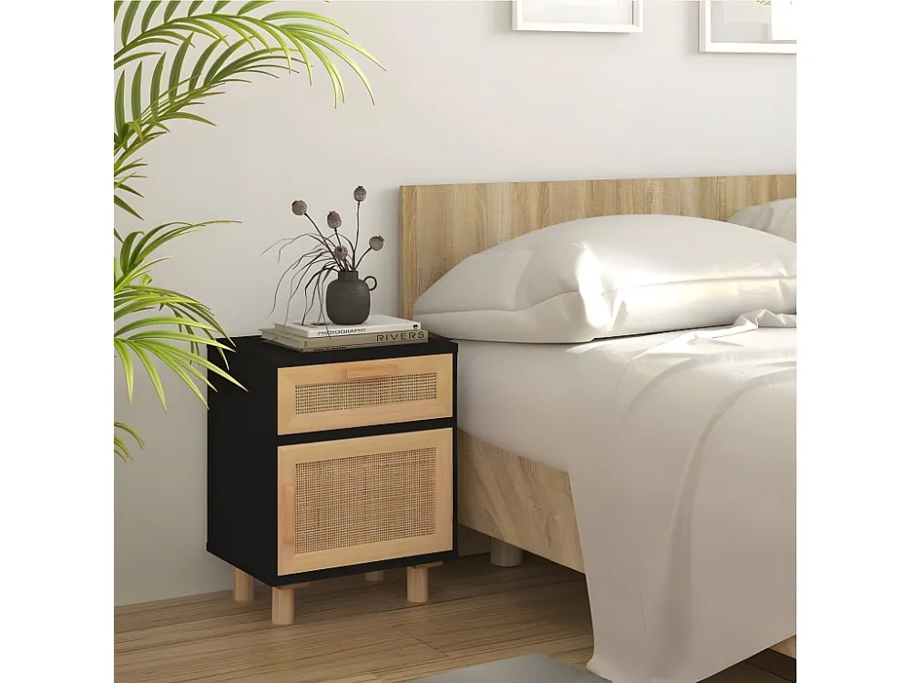 Design de Luxo Mesas de cabeceira 2 peças pinho maciço e vime orgânico preto