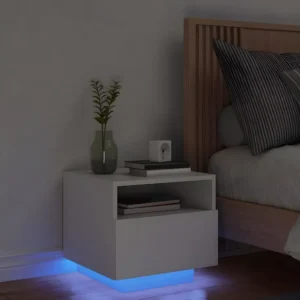 Mesa de cabeceira com luzes LED 40x39x37 cm branco | Montagem Inclusa