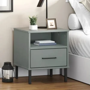 Mesa cabeceira com pernas de metálico OSLO pinho maciço cinzento