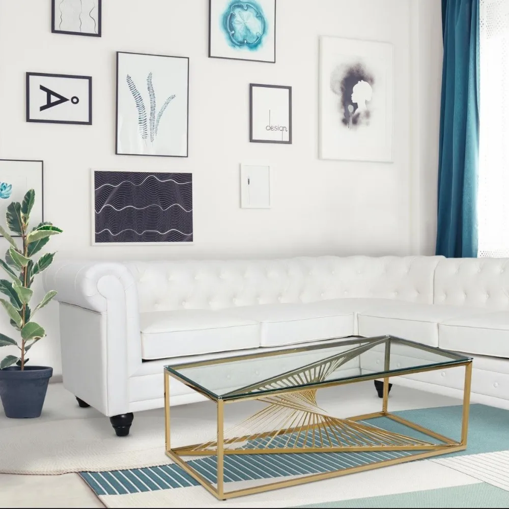 Mesa de centro Britannia em Vidro Transparente e Pés Dourados. Dimensões 120x80cm