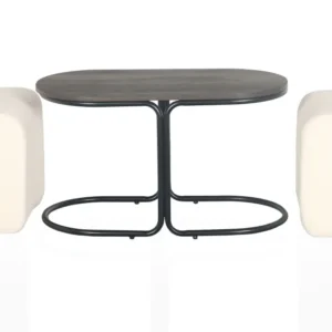 Mesa de centro com 2 pufes Livaretti Madeira escura e Tecido bouclê Creme para Churrasqueiras e Áreas de Lazer