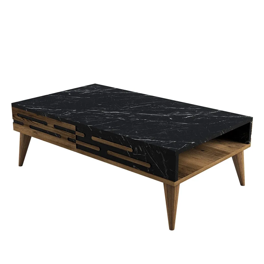 Mesa de centro design Oviva 105cm Madeira escura e Efeito mármore Preto com 4 Cadeiras