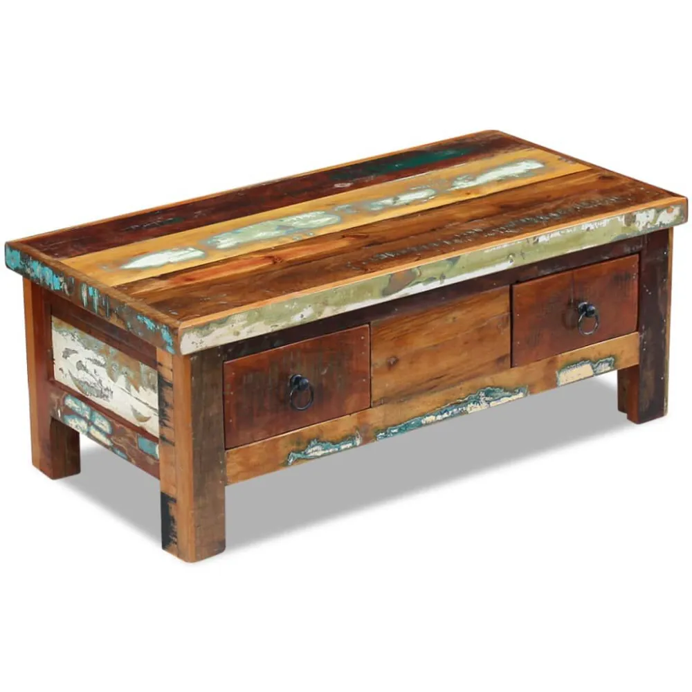 Mesa de centro + gavetas 90x45x35 cm madeira reciclada maciç em Alumínio e Vidro