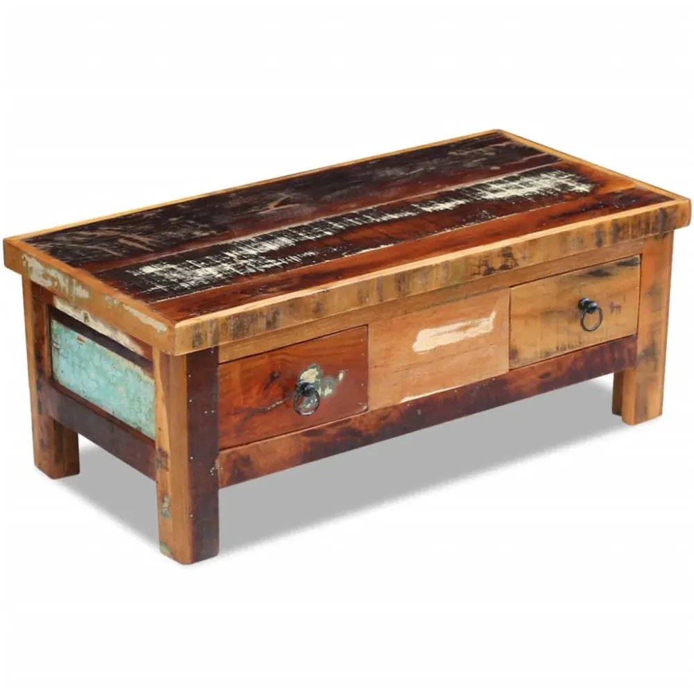 Mesa de centro + gavetas 90x45x35 cm madeira reciclada maciç em Alumínio e Vidro