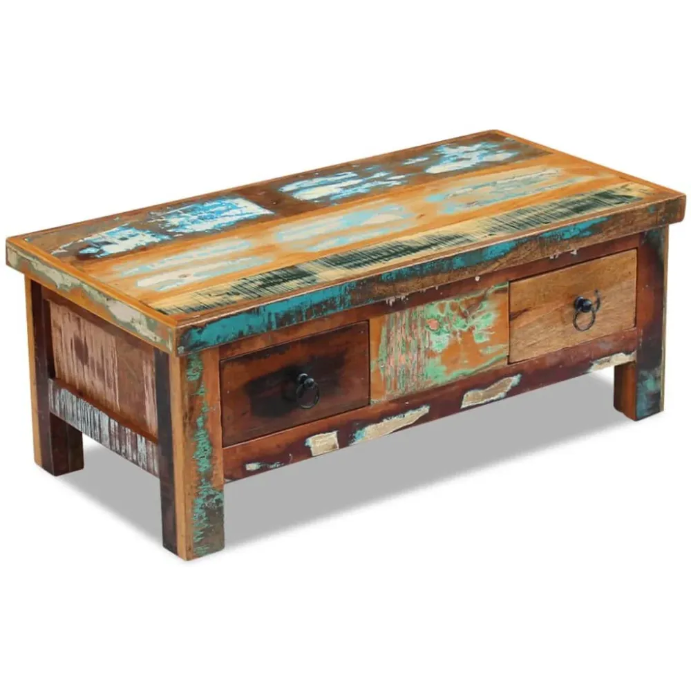 Mesa de centro + gavetas 90x45x35 cm madeira reciclada maciç em Alumínio e Vidro