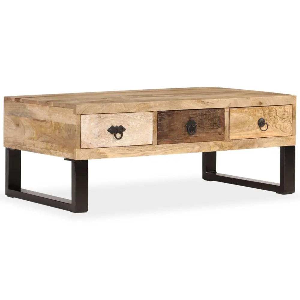 Mesa de centro 3 gavetas madeira mangueira maciç 90x50x35 cm com Vidro Temperado
