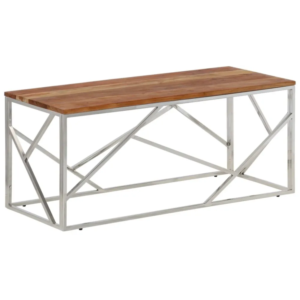 Mesa de centro ço inoxidável/madeira de acácia maciç prateado | Montagem Rápida