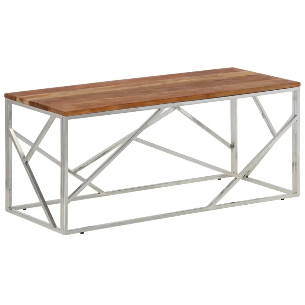 Mesa de centro ço inoxidável/madeira de acácia maciç prateado | Montagem Rápida