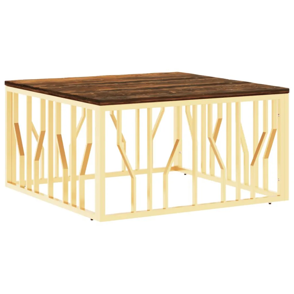 Mesa de centro ço inoxidável/madeira recuperada maciç dourado com Base em Pedra Artificial