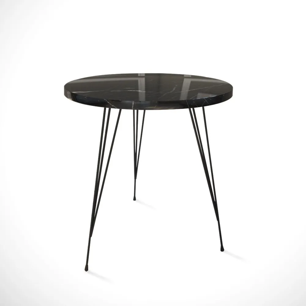 Mesa de centro tripé Zinrel D44cm de Metálico Preto e Madeira Preta com efeito mármore com Ajuste de Altura