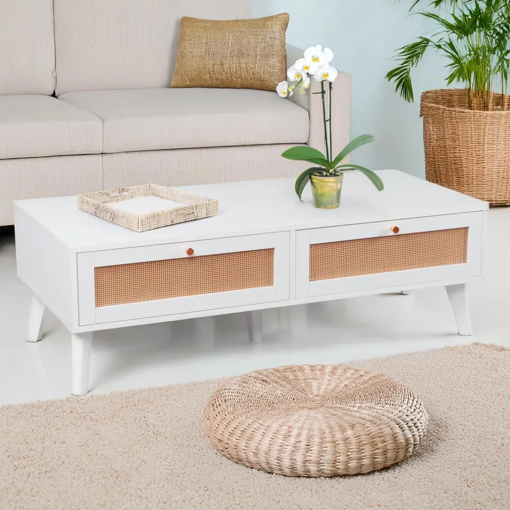 Mesa de Jardim Mesa de centro com 2 gavetas e palhinha Dalgora L120cm Branco