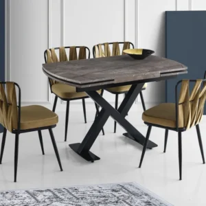 Mesa de jantar extensível Barse Metálico Preto e Madeira Efeito mármore Marrom