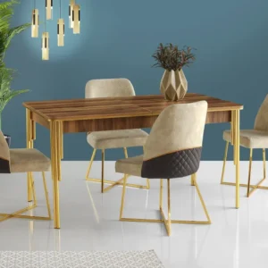 Mesa de jantar extensível Diallo em madeira autêntico e metal dourado | Montagem Rápida