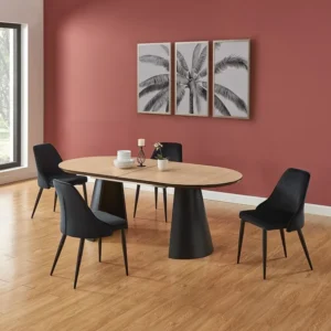 Mesa de jantar extensível de 8 14 lugares MDF e metálico natural claro e preto - FELANIO com Base em Pedra Artificial
