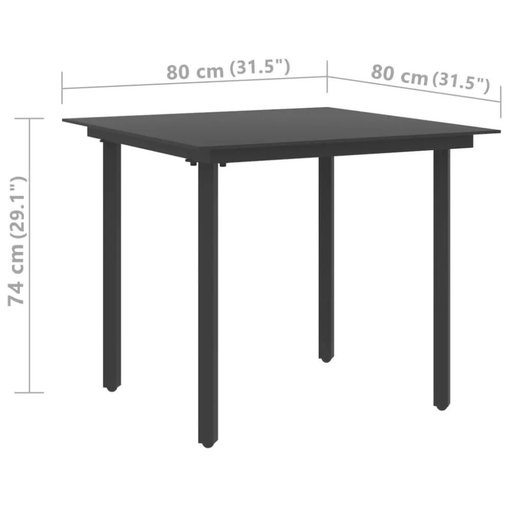 Mesa de jantar para jardim 80x80x74 cm ço e vidro preto com 4 Cadeiras