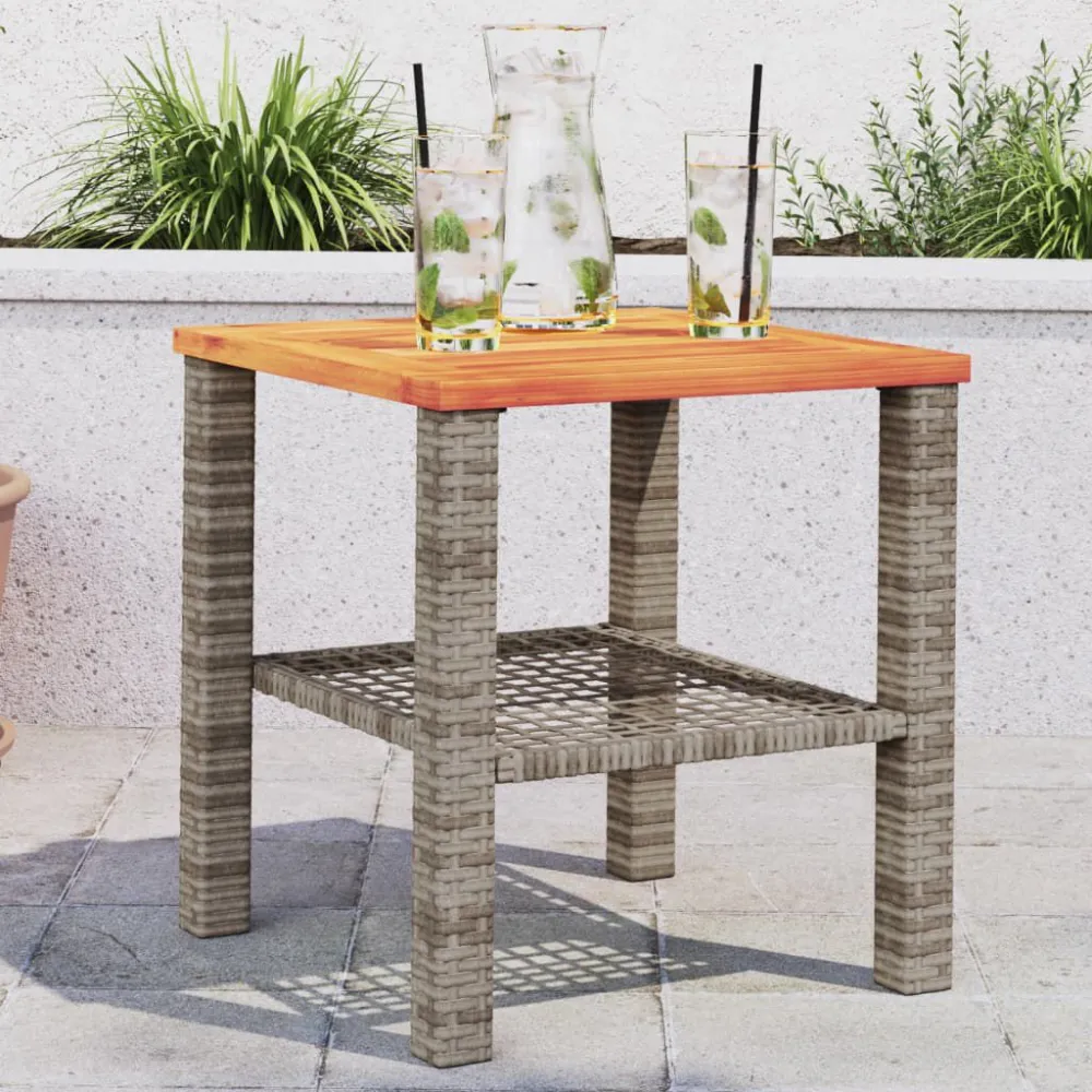 Mesa de jardim 40x40x42 cm vime PE e madeira de acácia cinzento com Ajuste de Altura