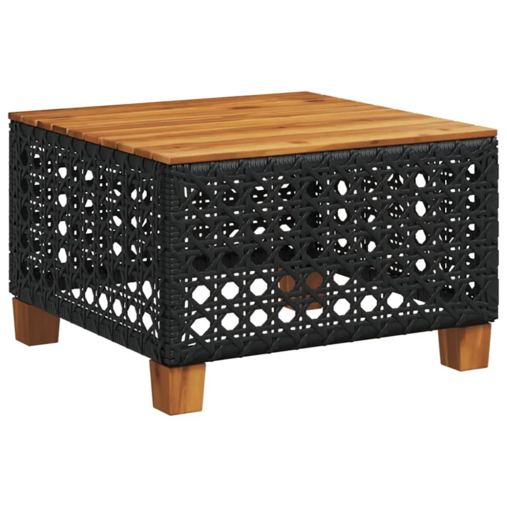 Mesa de jardim 55x55x36 cm vime PE e madeira de acácia preto com Vidro Temperado