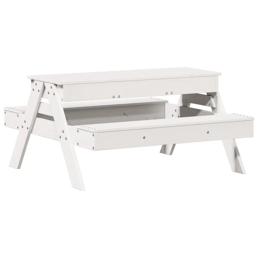 Mesa piquenique com caixa de areia infantil pinho maciço branco em Madeira de Eucalipto