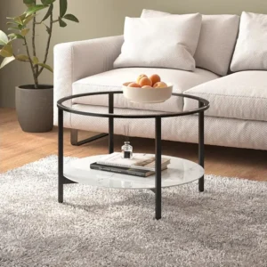 Mesa de centro 70 cm vidro temperado preto e branco mármore